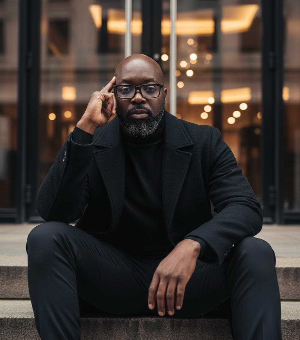 Bolaji Yoloye seated, hands clasped, looking directly at the camera